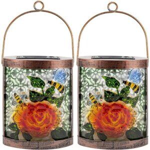 2 Pack Hanging Solar Lantern Outdoor Waterproof Glass Bee and Flowers